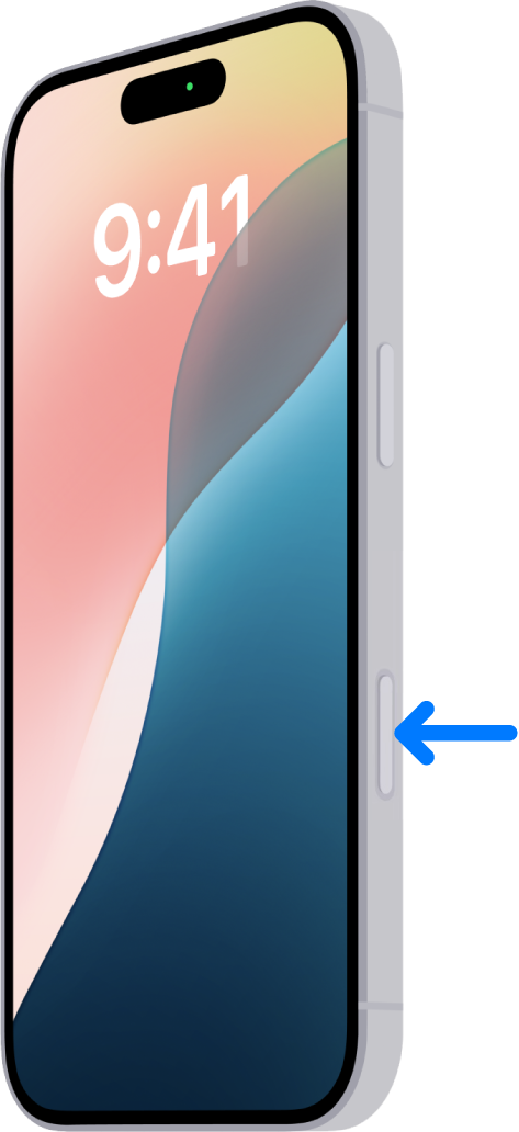 Una flecha señala la ubicación del control de la cámara en el costado del iPhone.