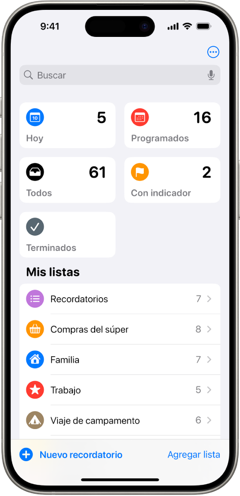 Una pantalla de Recordatorios mostrando el campo de búsqueda en la parte superior y varias listas abajo.