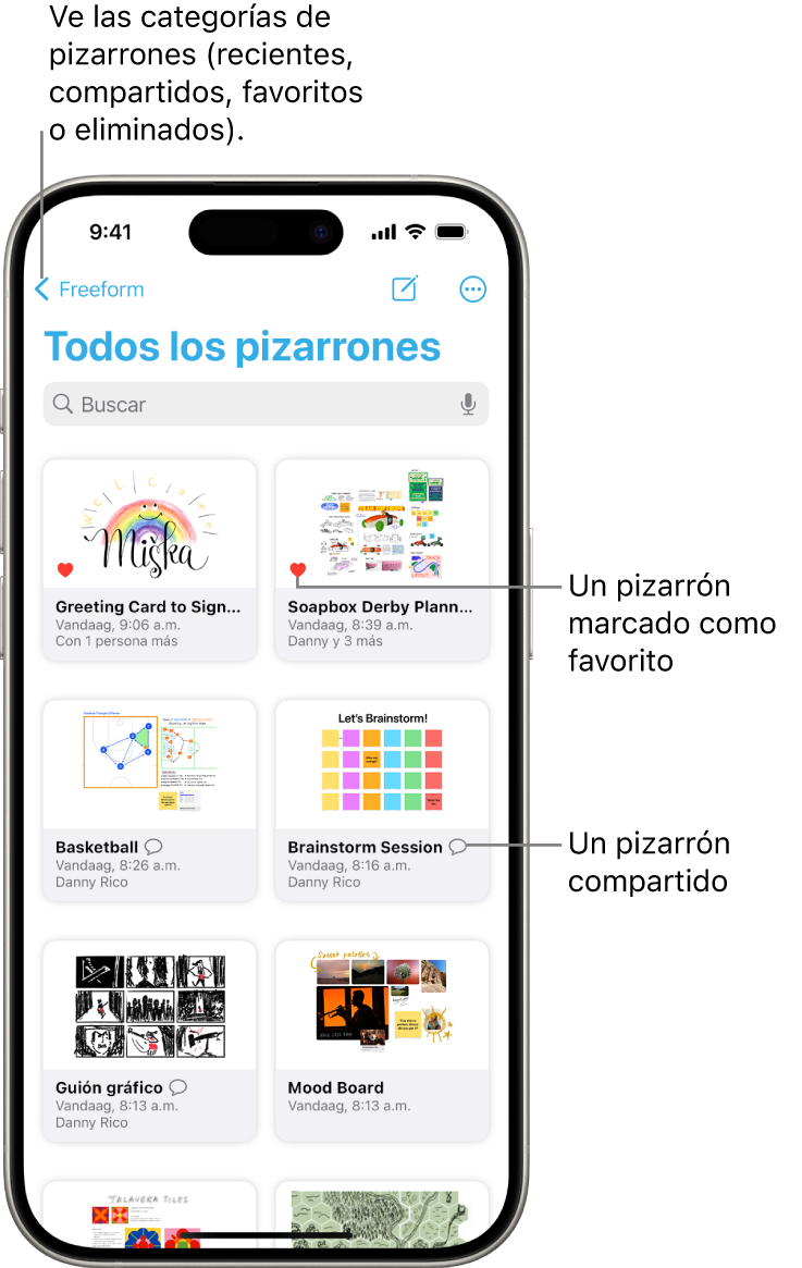 La pantalla Todos los pizarrones de Freeform está abierta y muestra ocho miniaturas de pizarrones.