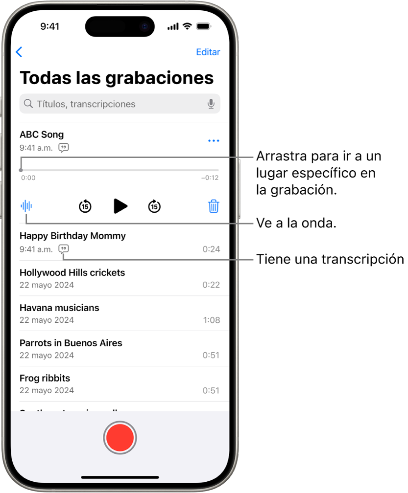 La pantalla de Notas de Voz con una grabación seleccionada en la parte superior. La línea del tiempo de la grabación tiene un cursor de reproducción, que puedes arrastrar para ir a un punto específico de la grabación. Los controles de reproducción se encuentran debajo de la línea del tiempo.