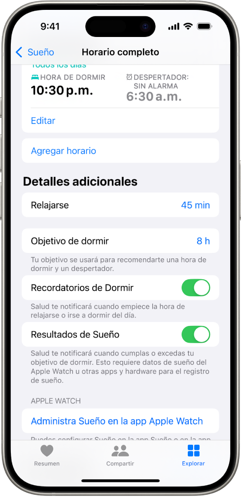 La pantalla Horario completo mostrando parte de la sección Detalles adicionales.