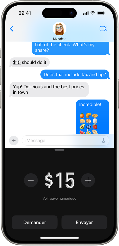 Conversation iMessage avec Apple Pay ouvert en bas de l’écran.