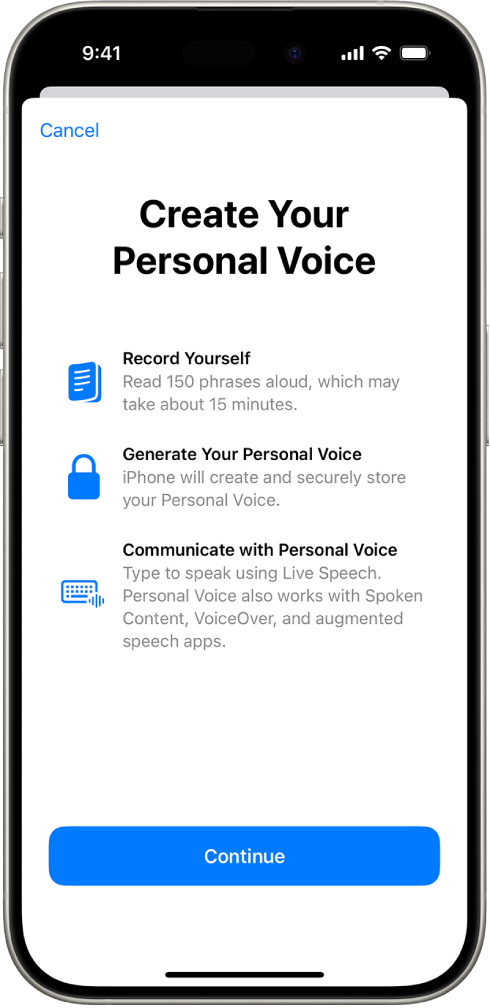 iPhone tālrunis ar informāciju par to, kā izveidot Personal Voice.