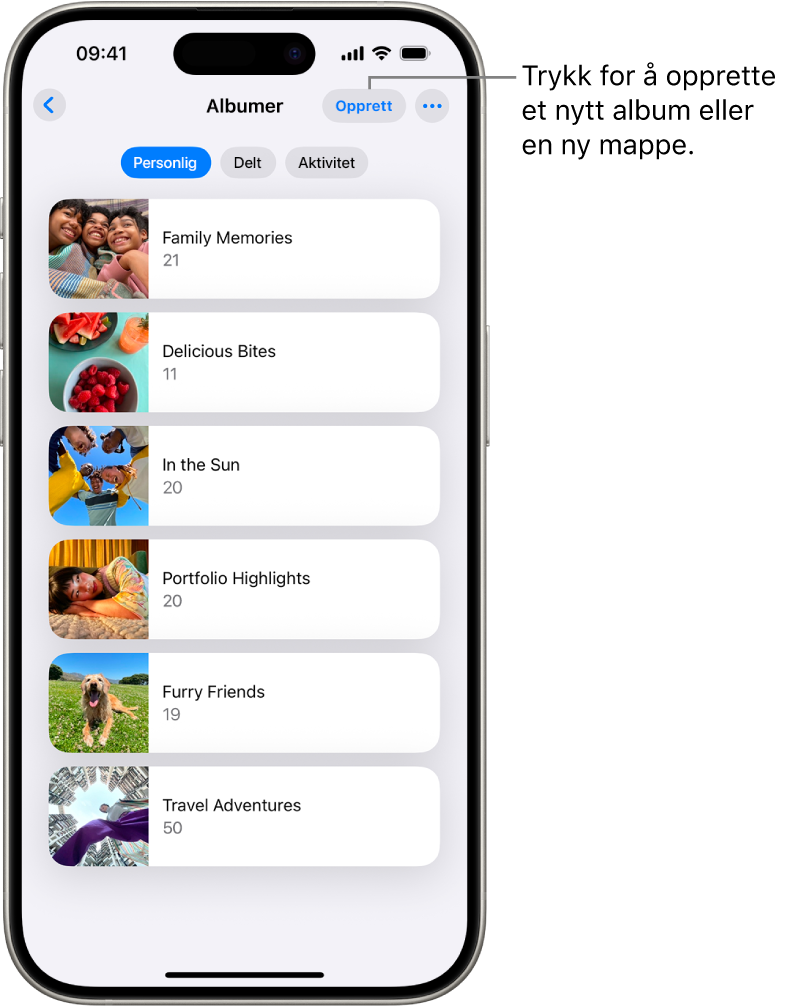 Albumer er åpne i Bilder-appen. Personlig-fanen er markert. Under er en liste med albumer.