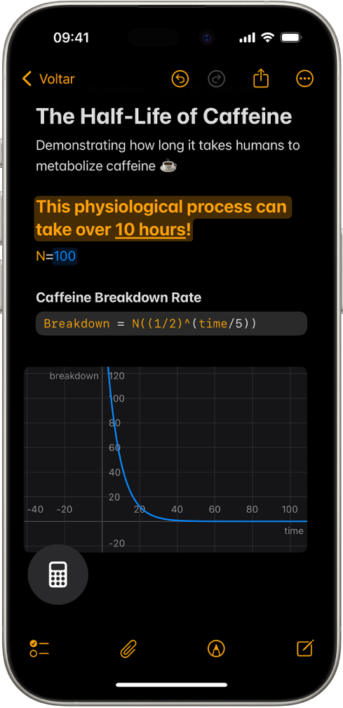 Uma Nota de Cálculo aberta na Calculadora, com uma variável declarada, uma equação e um gráfico.