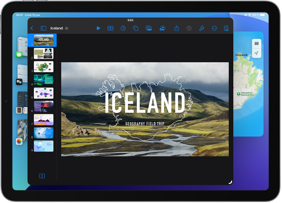 L’écran d’un iPad avec la fonctionnalité Stage Manager activée. La fenêtre active est au centre de l’écran et les autres apps récemment utilisées sont placées à gauche.