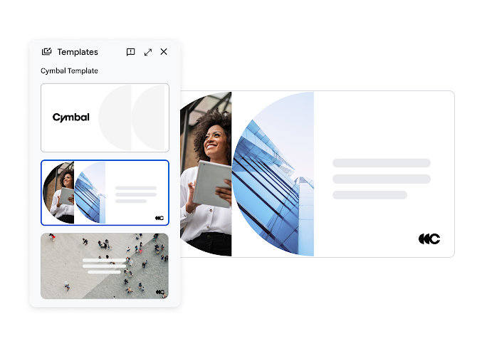 Ví dụ về mẫu có thương hiệu trên Google Trang trình bày, cho thấy ba bố cục trang trình bày khác nhau. 