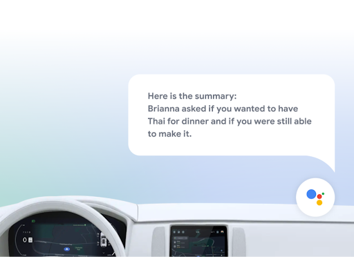 A white car dashboard with a Google icon on the lower right corner. A chat bubble is right above it with a text summary.