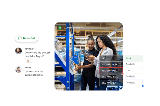 Two people in a manufacturing building using Google Chat and Sheets to assess product development