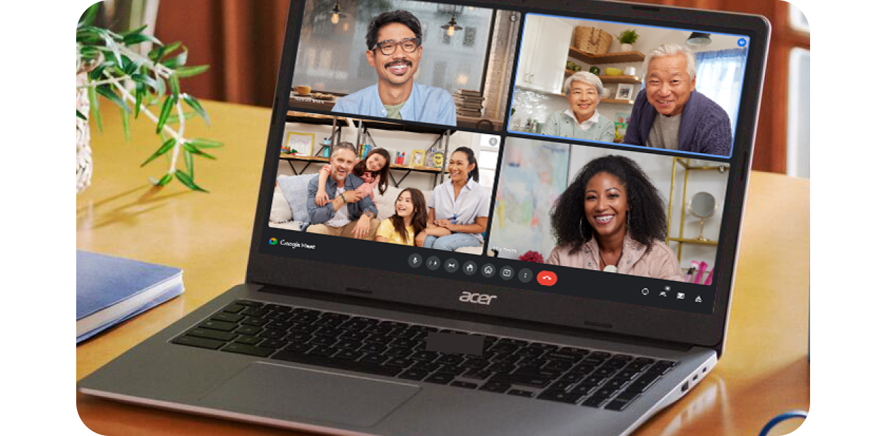 Video call with four groups of people smiling in a grid layout on a laptop.