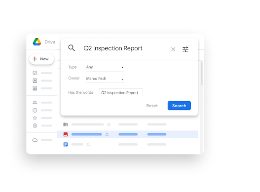 Ilustracja interfejsu Google Workspace – wyszukiwanie na Dysku