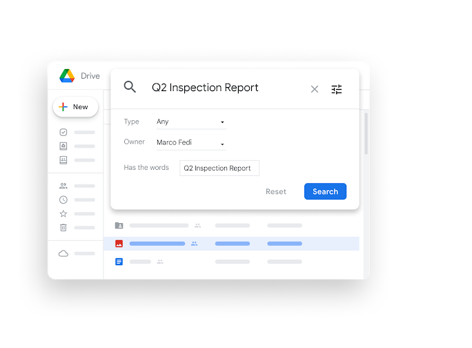 Ilustracja interfejsu Google Workspace – wyszukiwanie na Dysku