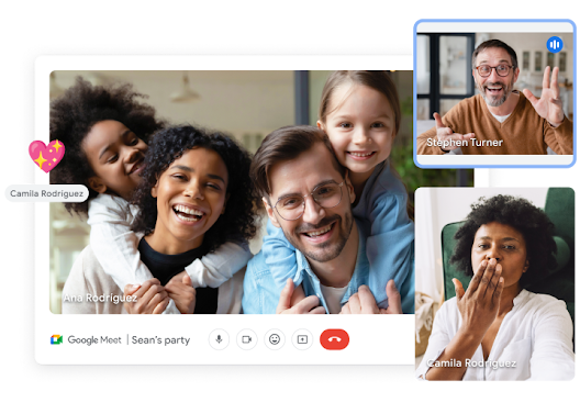 3 vensters van een Google Meet-videogesprek tonen deelnemers aan een virtueel feestje.  