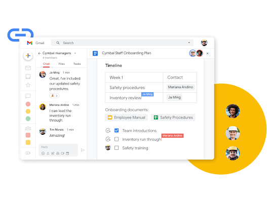 Ilustracja interfejsu Google Workspace – członkowie zespołu edytują razem dokument i jednocześnie rozmawiają na czacie