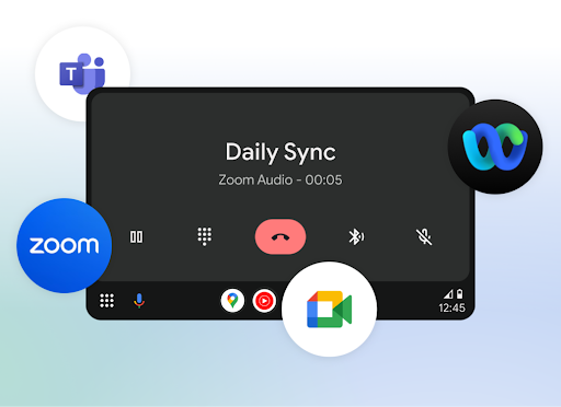 A car display screen shows a Zoom Auto app meeting. Four other app icons are placed around it.