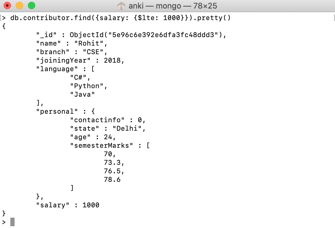 using $lte operator example output