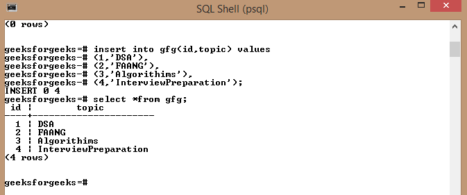 PostgreSQL - Insert Multiple Values in Various Rows