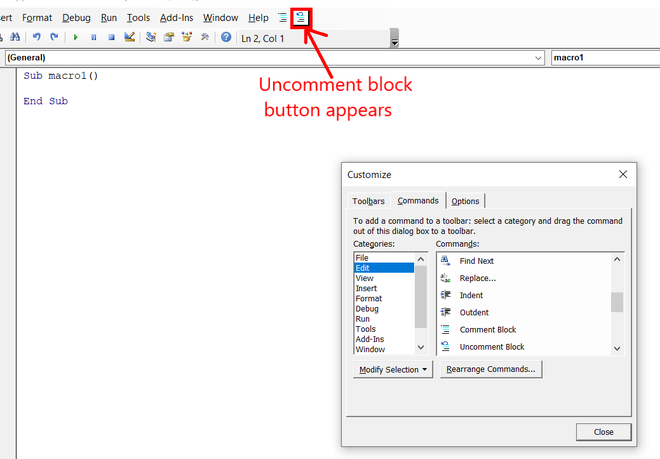 Clicking-uncomment-block