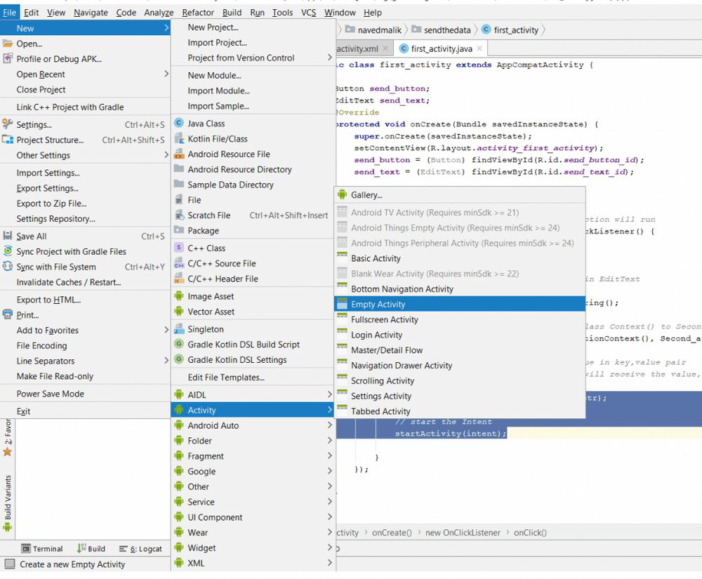 Creating New Activity in Android Studio