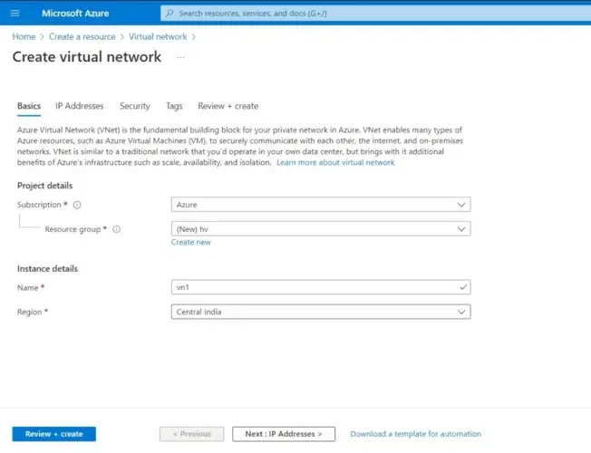 Create Virtual Network 