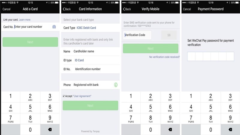 Điền thông tin thẻ ngân hàng trên wechat