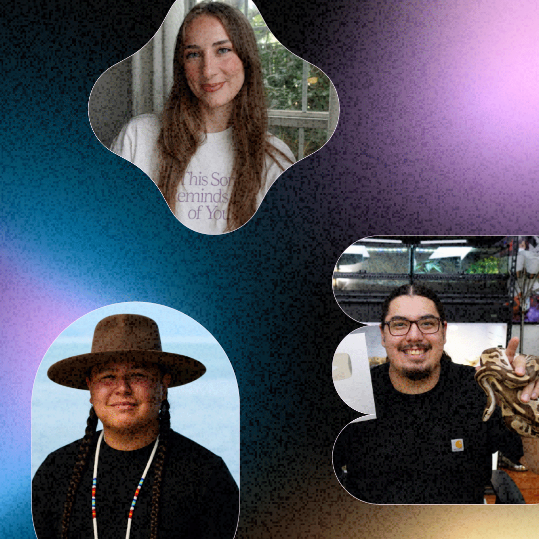 A collage celebrating Native American Heritage Month, featuring headshots of three Indigenous creators (Eagle Blackbird, Shyla, and ChiefSweetsUniverse) on a vibrant, textured background.