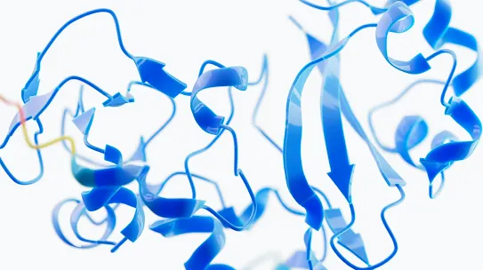 Struktur protein biru pada latar belakang berwarna putih