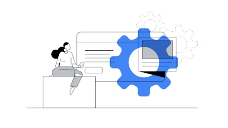 Illustrazione di una donna seduta davanti a una rappresentazione espansa di una pagina Web automatizzata