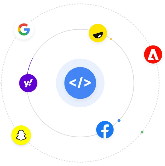 En illustration med kendte virksomhedslogoer, der kredser omkring et API-ikon for børns sikkerhed.