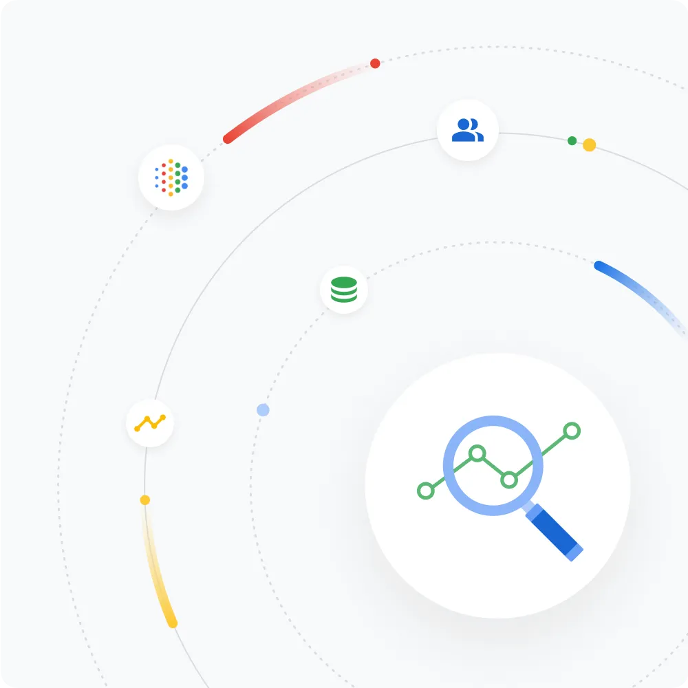 Illustrated orbit shows a dataset icon, research icon, and people icon to represent the key pieces of Google AI.